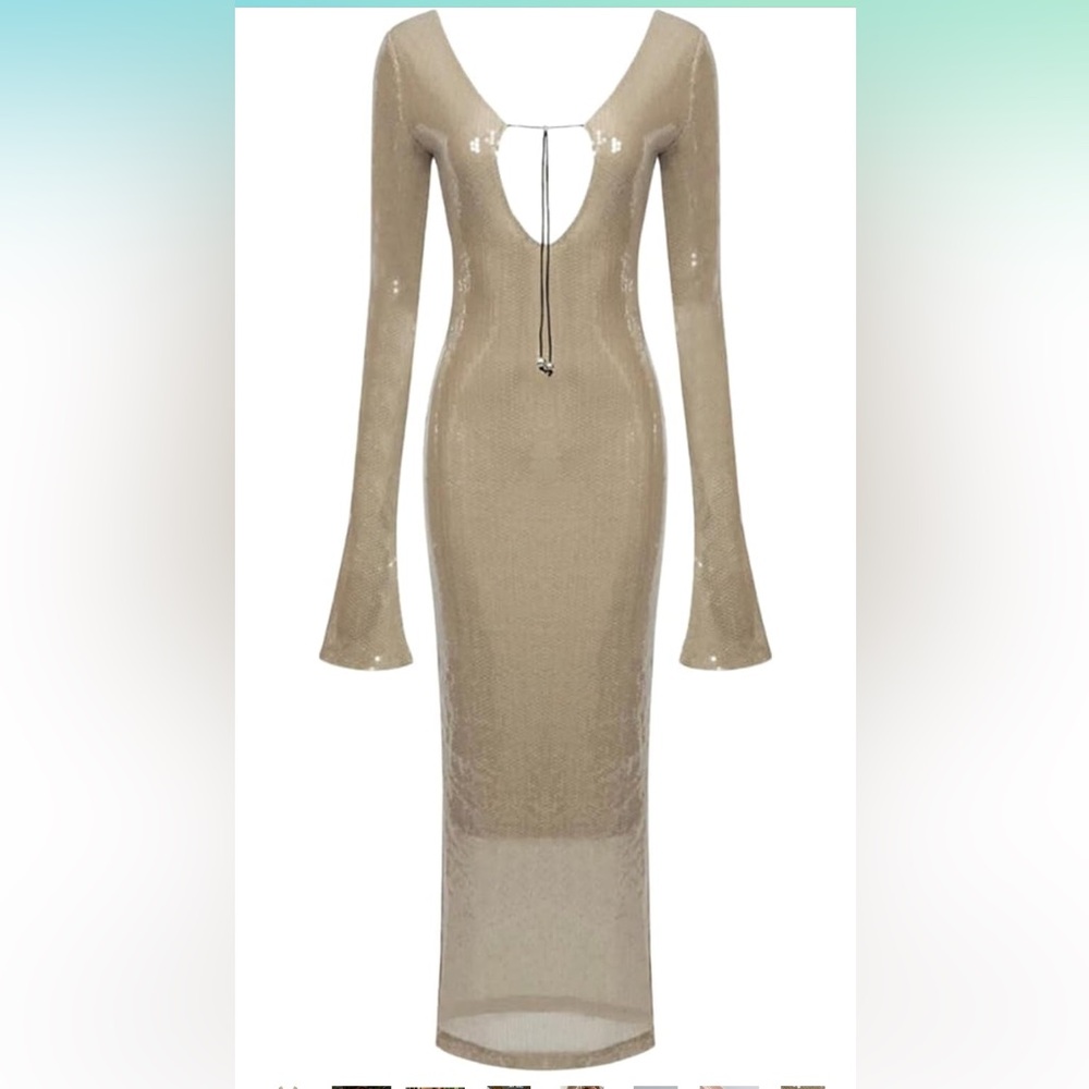 Elegant Beige Long Sleeve Nude sequin Dress SZ XS